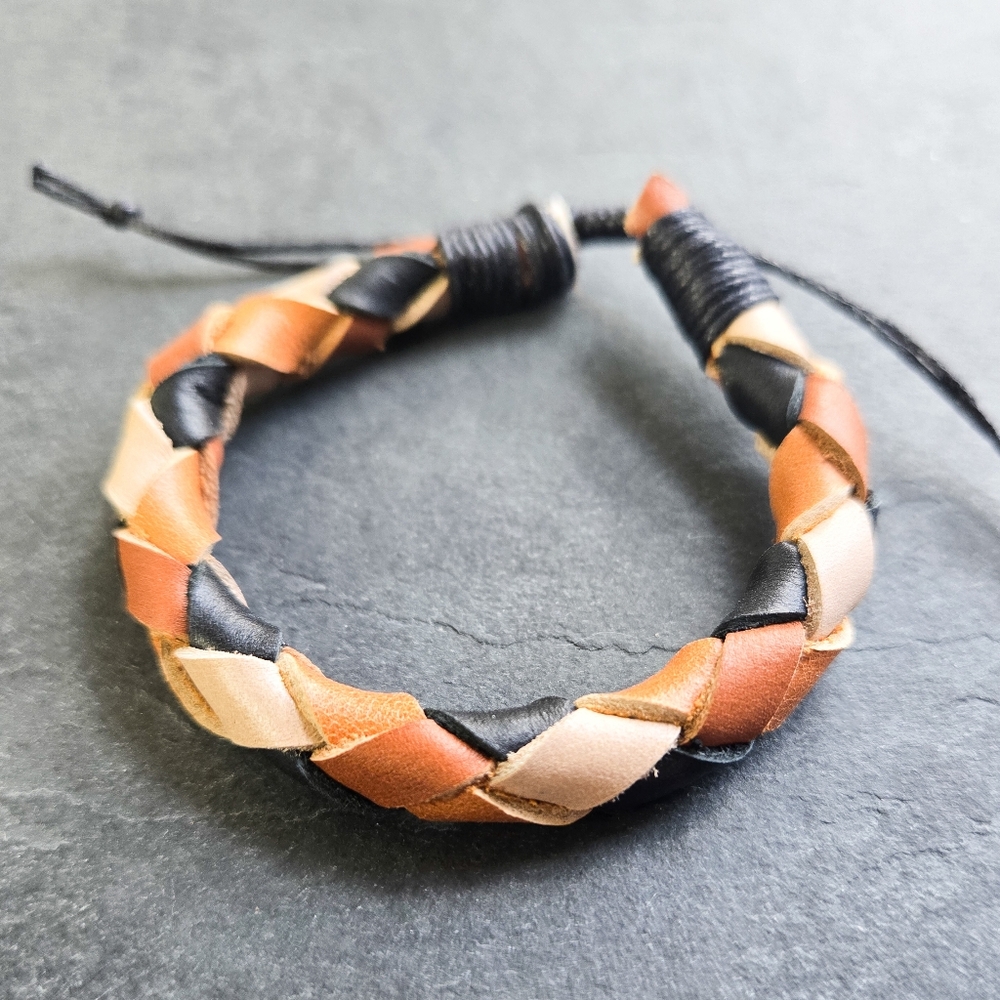 NWT Handmade Reclaimed Leather Braided Bracelet, Black, Brown, Tan, & Cream